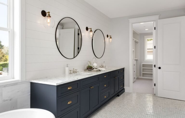Remodeled bathroom with new tile and fixtures