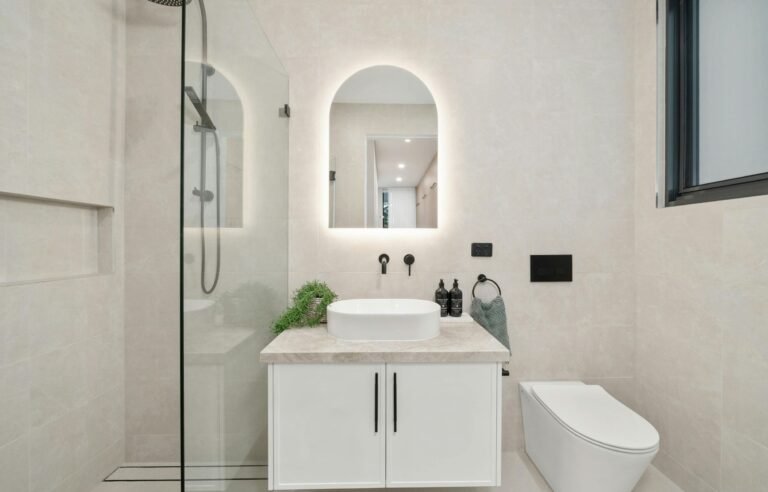 Remodeled bathroom with new tile and fixtures