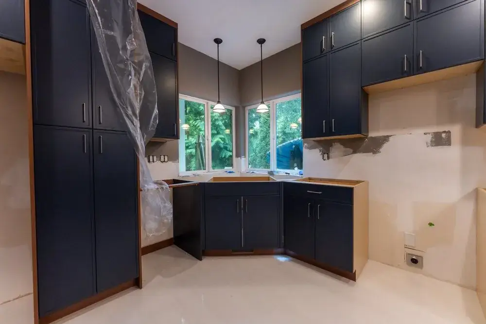 New navy cabinets installed mid-project