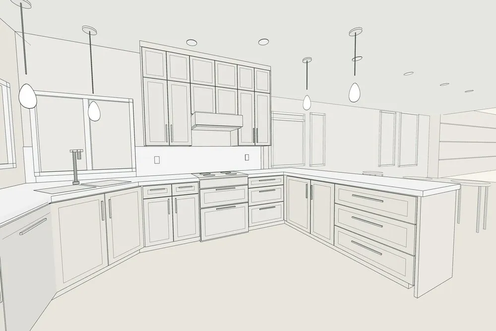 A 3D line drawing of a planned kitchen