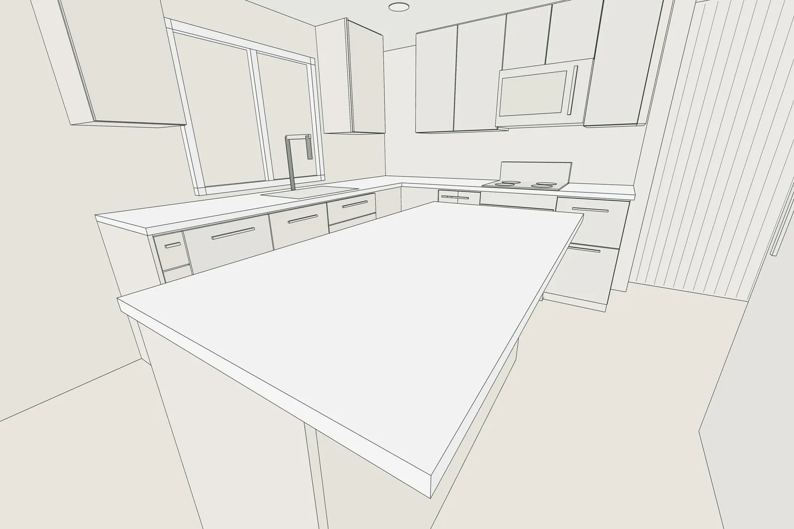 3D line drawing of the Renton kitchen