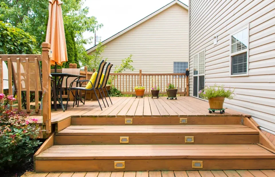 Wooden-patio-and-garden-area-of-a-family-house